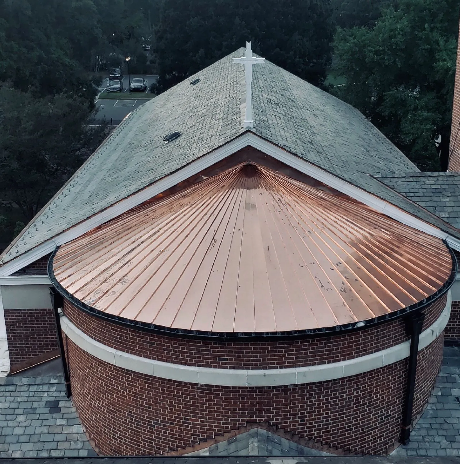 A church copper conical standing-seam roof fabricated and installed by Old North